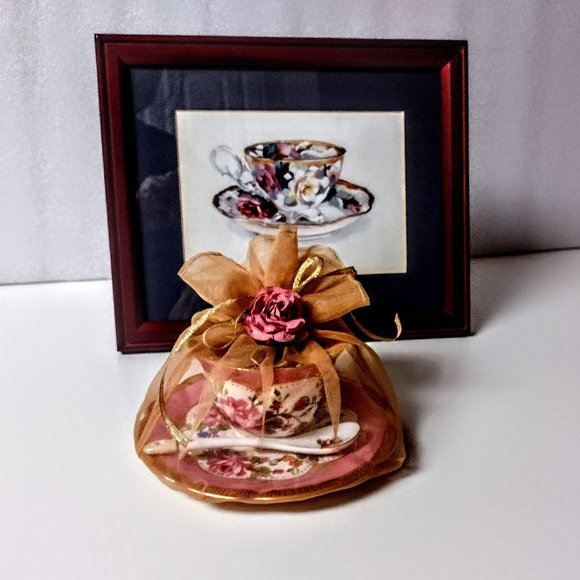 TEA TIME ~ Vintage Tea Cup w/Rose Candle ~ Tea Spoon & Tea Cup Print (Mat~Frame) - Picture 1 of 16